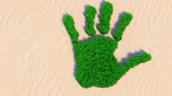 Koncepcja lub konceptualna zielona trawa zimowej dyni na tle piasku. Metafora dla ekologii, środowiska, recyklingu, ochrony przyrody, wiosennego lata lub ochrony przed globalnym ociepleniem ilustracji 3D — Zdjęcie stockowe