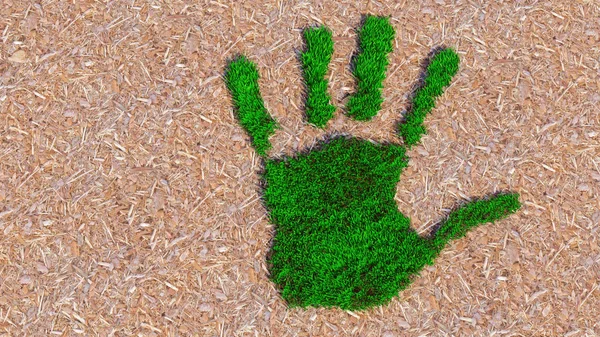 Koncepcja lub konceptualna zielona trawa nadruk na tle wiórów drzewnych. Metafora dla ekologii, środowiska, recyklingu, ochrony przyrody, wiosny lub ochrony przed globalnym ociepleniem ilustracji 3D — Zdjęcie stockowe