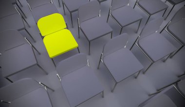 Bir konferans odasında liderlik, vizyon ve strateji metaforu olarak duran kavramsal ya da kavramsal sarı koltuk. Bireyselliğin, yaratıcılığın ve başarının 3 boyutlu bir çizimi