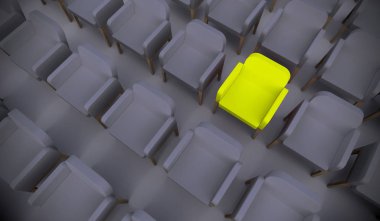 Bir konferans odasında liderlik, vizyon ve strateji metaforu olarak duran kavramsal ya da kavramsal sarı koltuk. Bireyselliğin, yaratıcılığın ve başarının 3 boyutlu bir çizimi