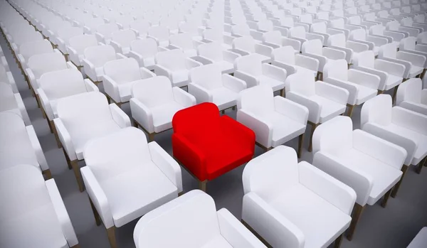 Konzept oder konzeptioneller roter Sessel, der in einem Konferenzraum als Metapher für Führung, Vision und Strategie hervorsticht. eine 3D-Illustration von Individualität, Kreativität und Leistung — Stockfoto