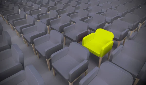 Begreppsfåtölj eller konceptuell gul fåtölj som står ut i ett konferensrum som en metafor för ledarskap, vision och strategi. En 3D-illustration av individualitet, kreativitet och prestation — Stockfoto