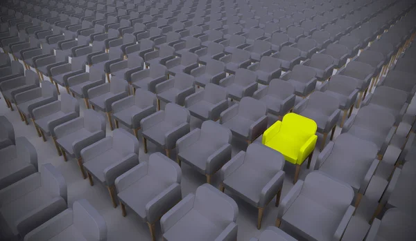 Begreppsfåtölj eller konceptuell gul fåtölj som står ut i ett konferensrum som en metafor för ledarskap, vision och strategi. En 3D-illustration av individualitet, kreativitet och prestation — Stockfoto