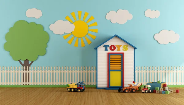 Kolorowy pokój zabaw z drewnianym domu — Zdjęcie stockowe