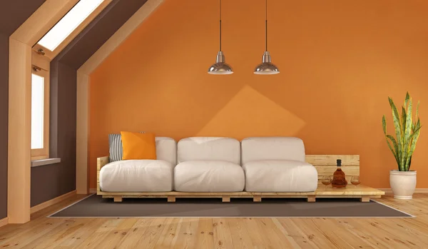 Pomarańczowy pokój dzienny na poddaszu — Zdjęcie stockowe