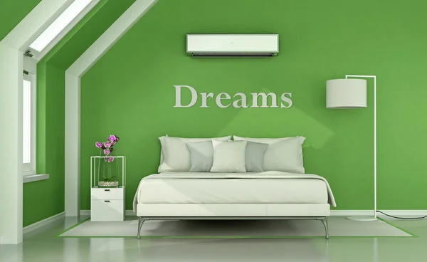 Camera da letto verde in soffitta — Foto Stock
