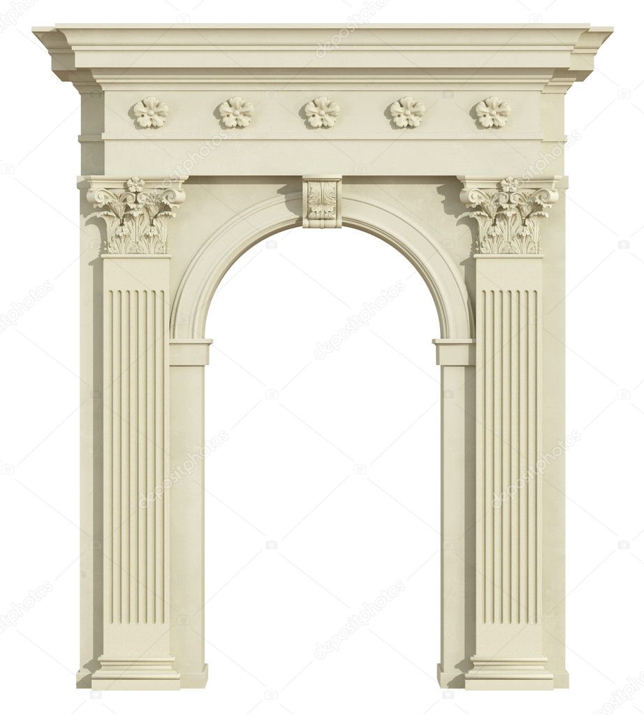 Veduta frontale di un arco classico con colonna corinzia Foto Stock