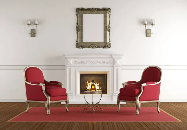 White fireplace in a classic living room — Stock Photo, Image