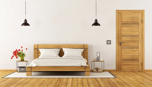 Modern Bedroom with wooden bed — Stock Photo, Image