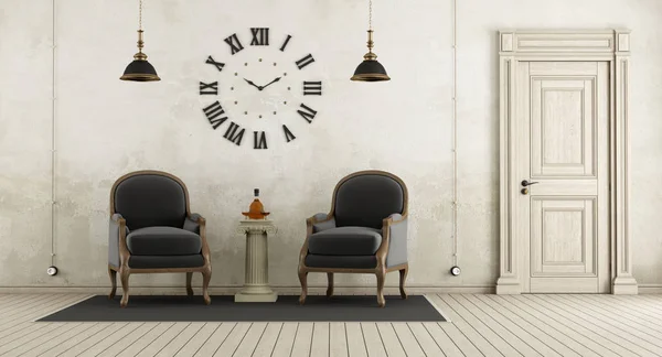 Retro woonkamer met twee zwarte fauteuil, — Stockfoto