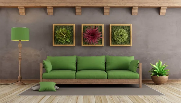 Retro woonkamer met groene sofa — Stockfoto