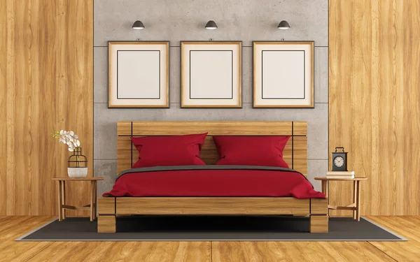 Wooden and concrete master bedroom — Stock Photo, Image