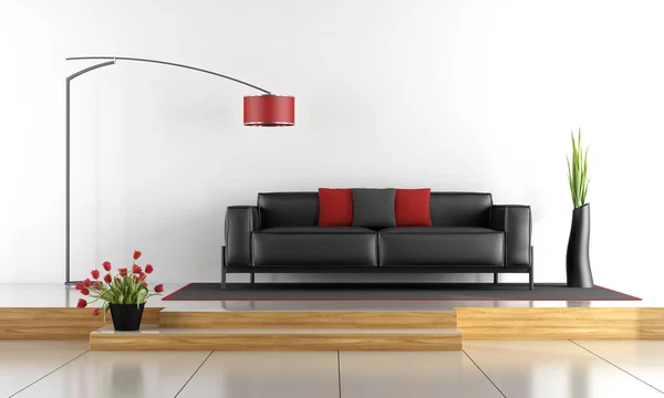 Salão moderno com sofá preto - renderização 3d — Fotografia de Stock