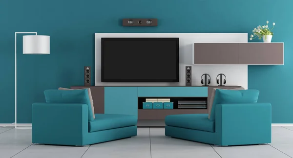 Soggiorno blu con tv — Foto Stock