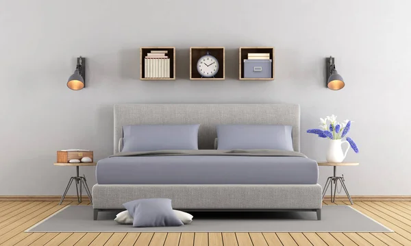 Schlafzimmer in grau und lila — Stockfoto