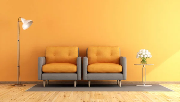 Orangefarbenes und graues Wohnzimmer — Stockfoto