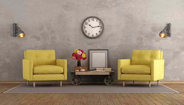 Retro living room with two yellow armchairs — Stock Photo, Image