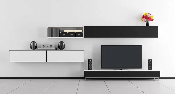 Black and white room with tv unit — Stock Photo, Image