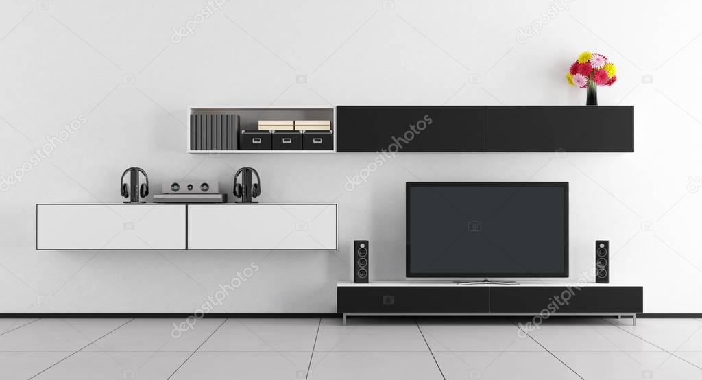 Black and white room with tv unit