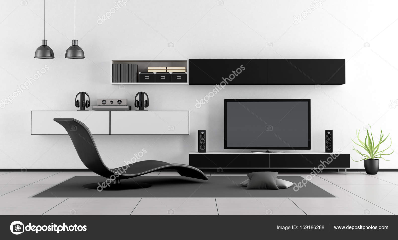 Black And White Room With Tv Unit And Chaise Lounge Stock Photo