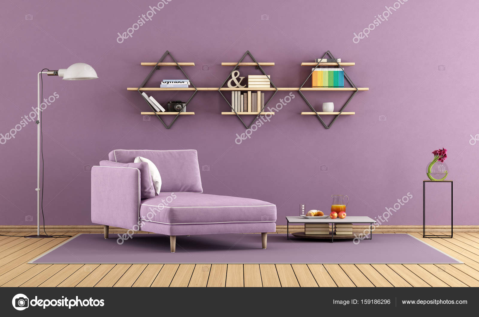 Lila Wohnzimmer, lila wohnzimmer mit chaiselongue und regale — stockfoto, Design ideen