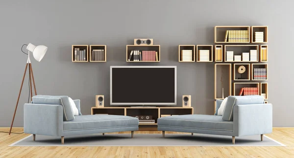Obývací pokoj s televizí a knihovna — Stock fotografie