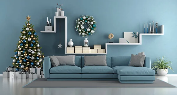 Blå modernt vardagsrum med julgran — Stockfoto