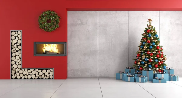 Sala de estar minimalista con chimenea y árbol de Navidad — Foto de Stock