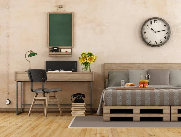 Dormitorio principal retro con cama y escritorio - 3d renderizado — Foto de Stock