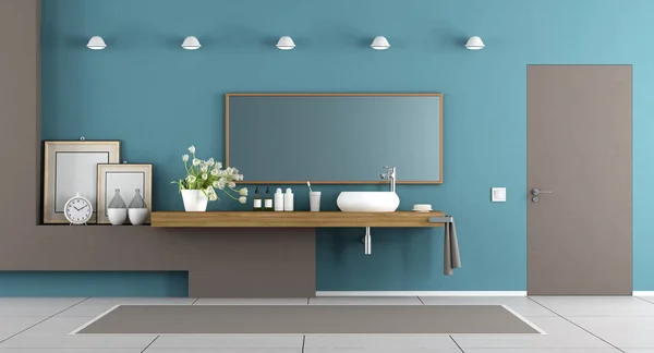 蓝色和棕色的现代浴室 — 图库照片