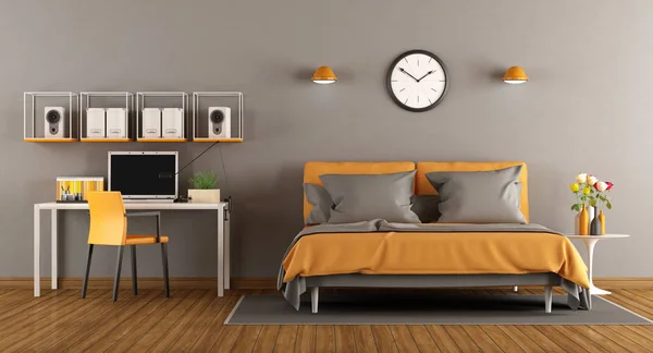 Dormitorio moderno con cama y escritorio - 3d renderizado —  Fotos de Stock