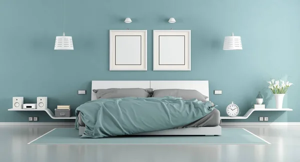 Niebieskie i białe sypialnia — Zdjęcie stockowe