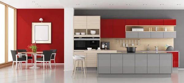 Dapur modern merah dan abu-abu — Stok Foto