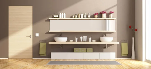 Modern bathroom with washbasins on wooden shelf — Stock Photo, Image