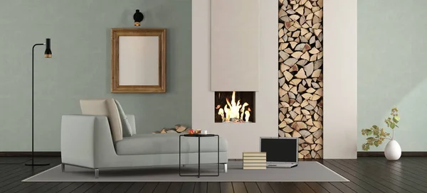 Salón minimalista con chimenea — Foto de Stock
