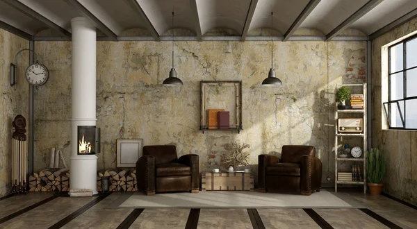 Fogão de madeira em grunge uma sala de estar — Fotografia de Stock