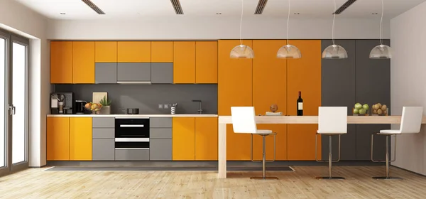 Narancs és szürke modern konyha — Stock Fotó