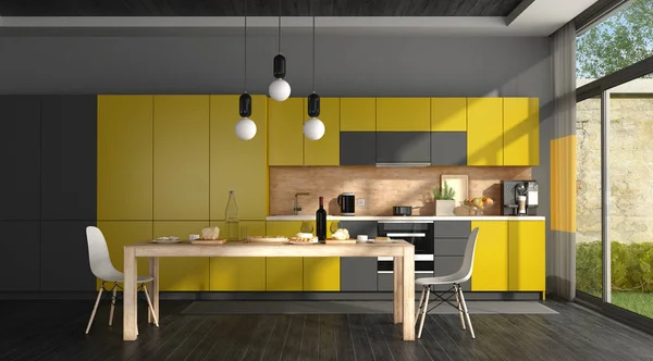 Черно-желтая современная кухня — стоковое фото
