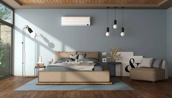 Modern, kék és barna hálószobába — Stock Fotó