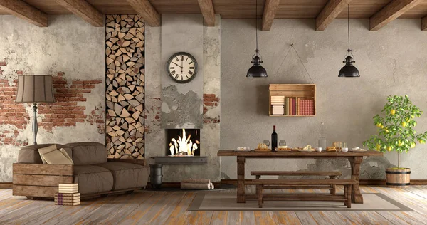 Гостиная с камином в деревенском стиле — стоковое фото