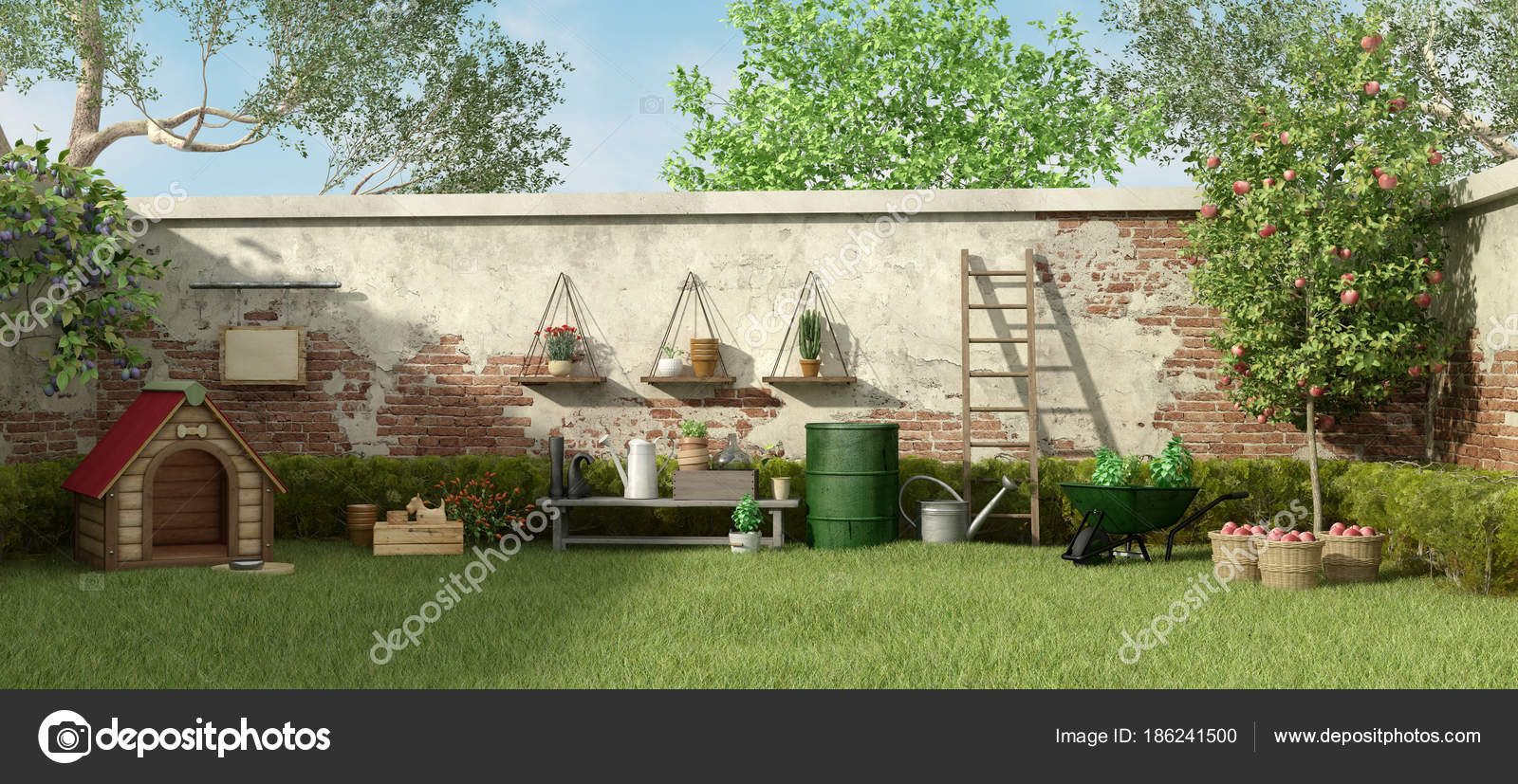 Garden With Dog House And Gardening Tools Stock Photo