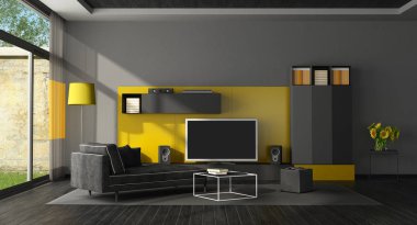 Siyah ve sarı oturma odası ile tv koymak