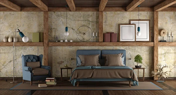 Schlafzimmer im rustikalen Stil — Stockfoto