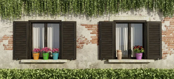 Antigua fachada con ventanas y flores — Foto de Stock
