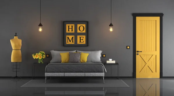Gray and yellow master bedroom — Stock Photo, Image