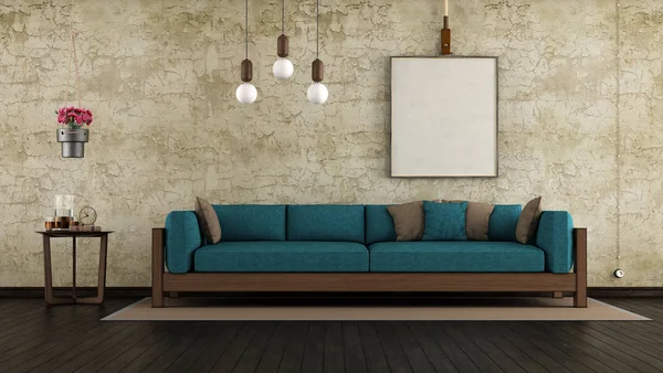 Sala de estar com parede velha e sofá de madeira  - — Fotografia de Stock