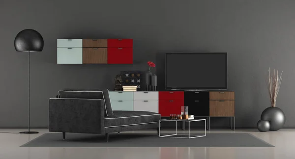 Moderní obývací pokoj s televizí na příborníku — Stock fotografie