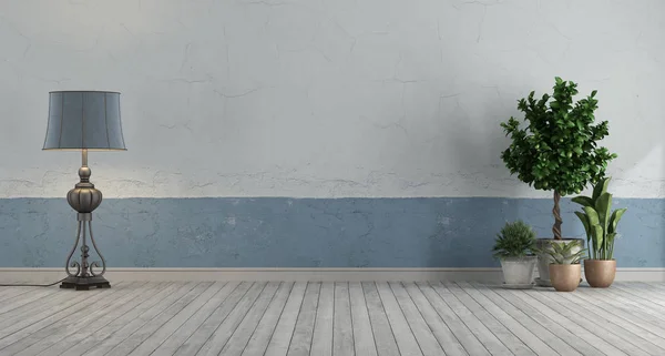 Пустой ретро-зал с голубой и белой старой стеной — стоковое фото