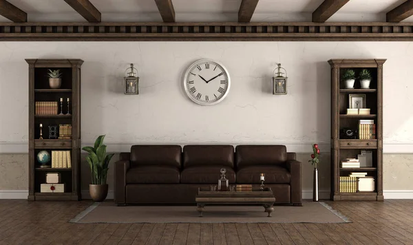 Sala de estar estilo retro com sofá de couro — Fotografia de Stock