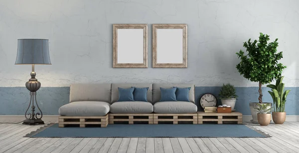 Habitación vintage azul y blanca con sofá de paleta —  Fotos de Stock
